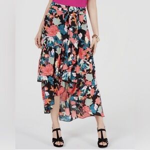 Thalia Sodi Floral High Low Midi Skirt Ruffle Tie Waist Size M